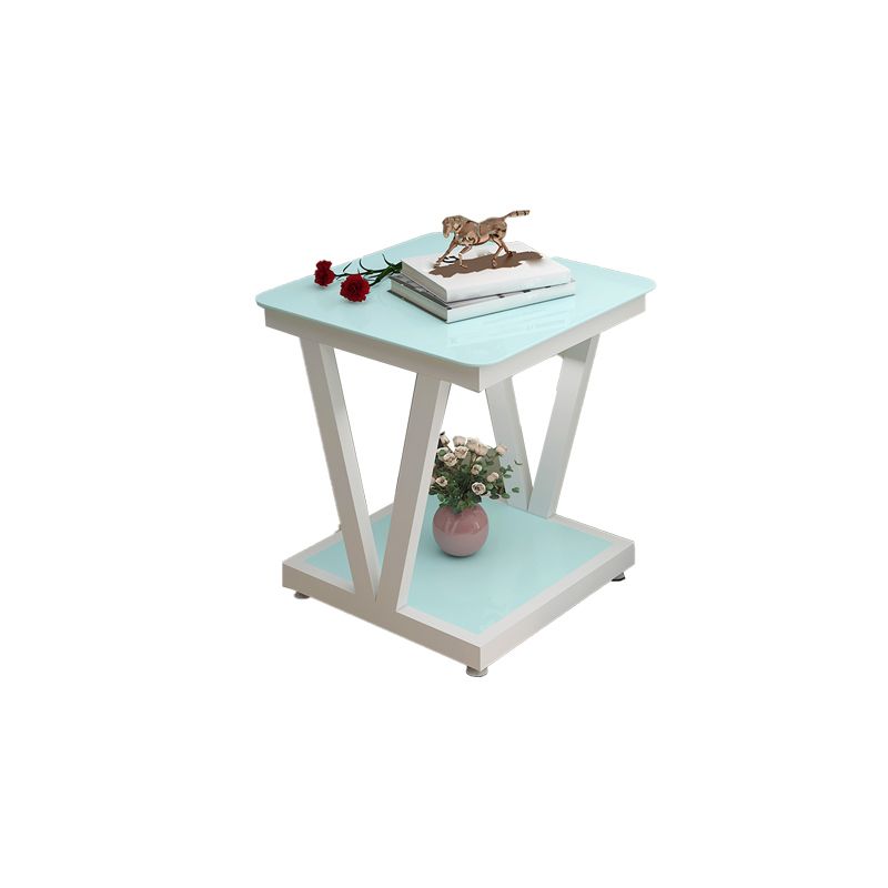 Modern 23.22" Tall Square Glass Top Side Table Steel Trestle Base End Table with Shelf