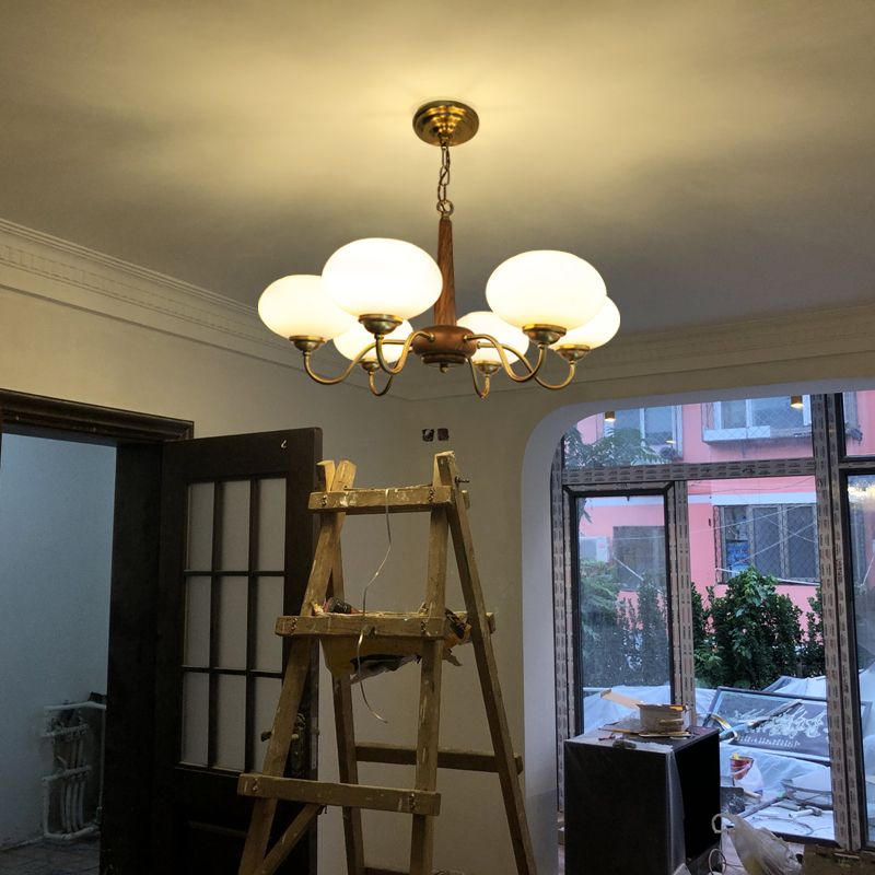 Wooden Chandelier Gold Globe Hanging Light with White Glass for Living Room