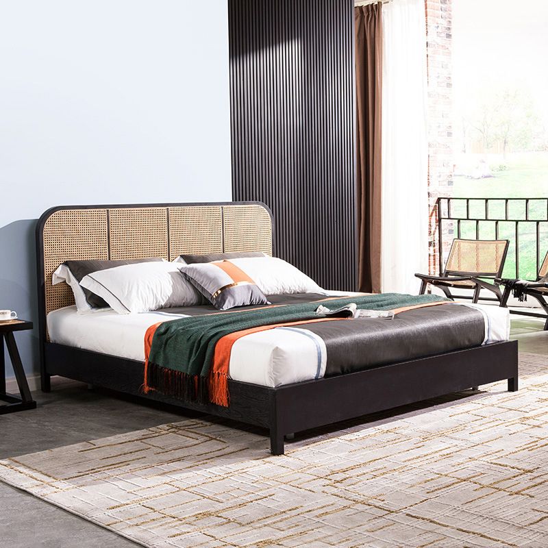 Tropical Style Ash Bed Frame Espresso Rattan Headboard Panel Bed with Mattress