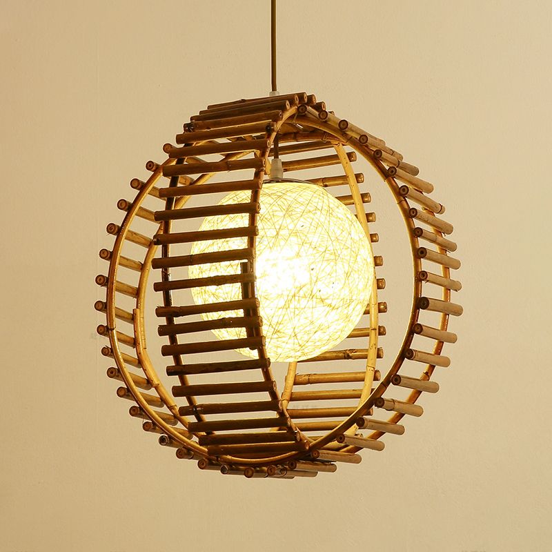 Sphere Bamboo Hanging Light Asian 1 Bulb Khaki Pendant Lighting Fixture for Bedroom
