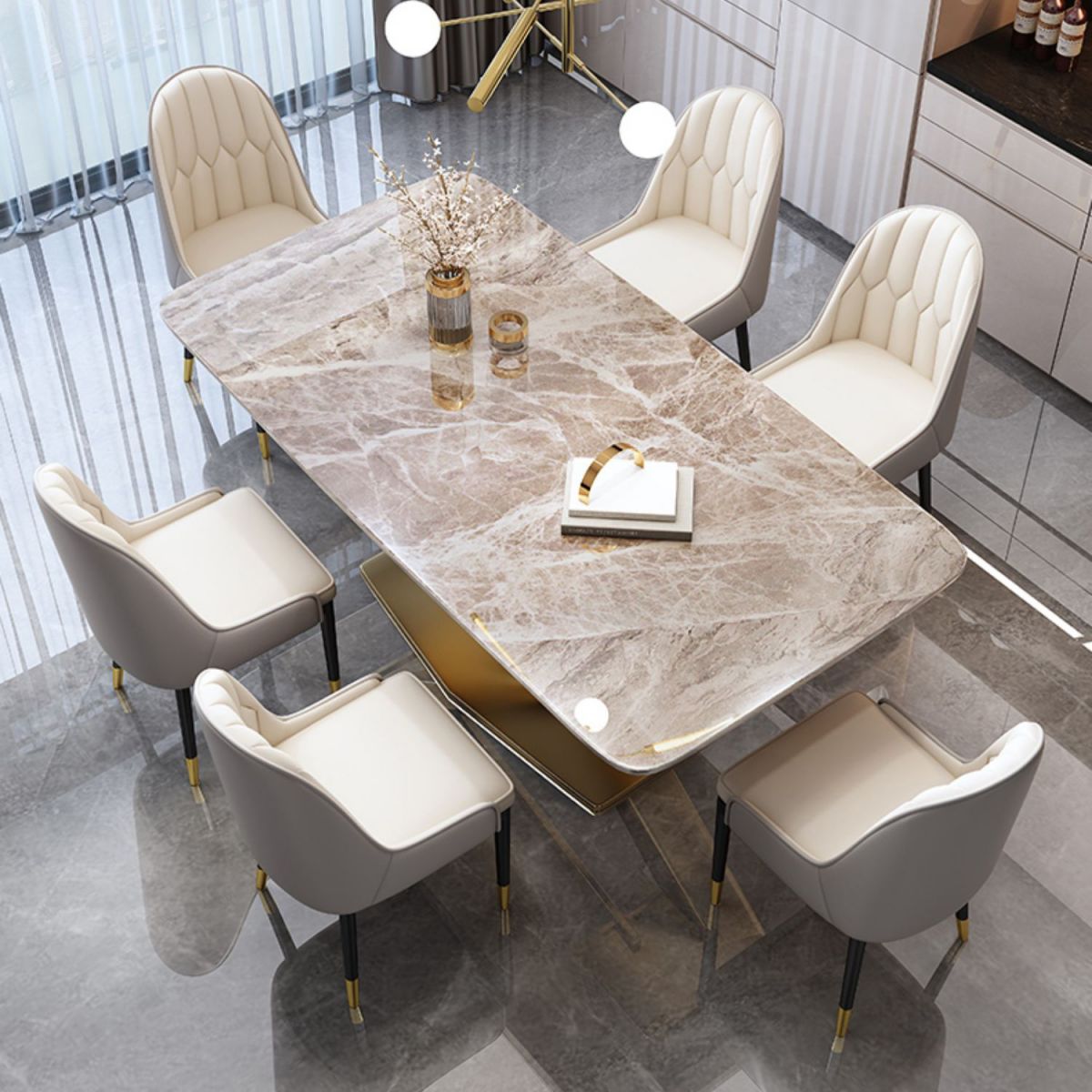 Minimalist Style Sintered Stone Dining Room Set with Fixed Table and Gold Trestle Base for Home Use