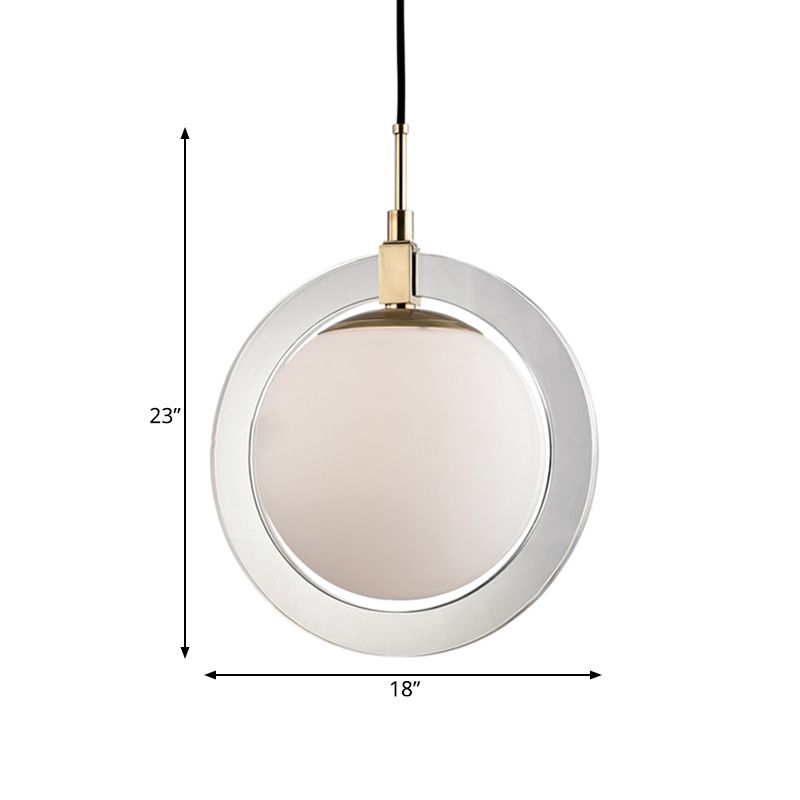 Globe Hanging Pendant Light Minimalist White Glass Single Bedside Suspended Lighting Fixture with Ring Arm