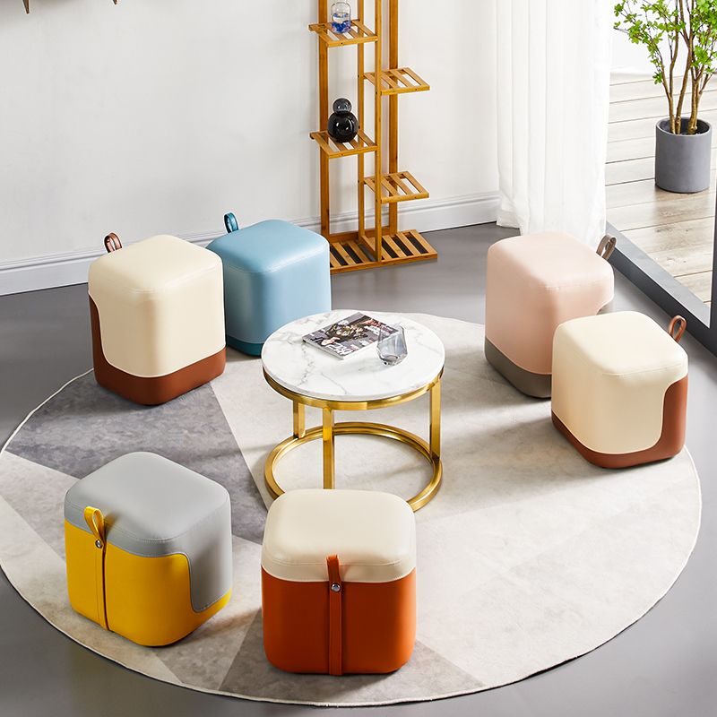 Modern Square Pouf Fade Resistant Contrast Color Faux Leather Pouf Ottoman