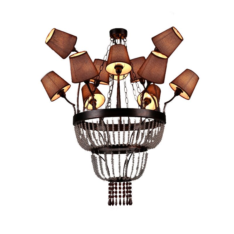 Brown 12 Lights Chandelier Lamp Country Crystal Circular Pendant Lighting for Dining Room with Fabric Shade