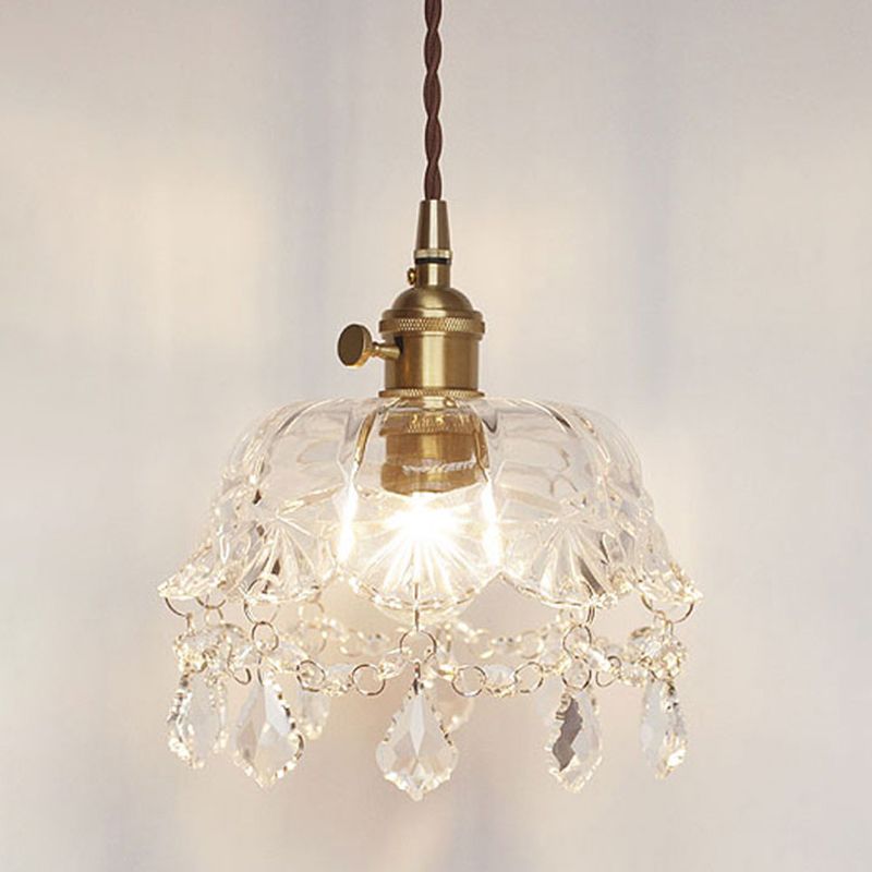 Flower Shape Shade Ceiling Pendant Lamp Vintage 1 Light Clear Glass Hanging Light with Crystal Pendant