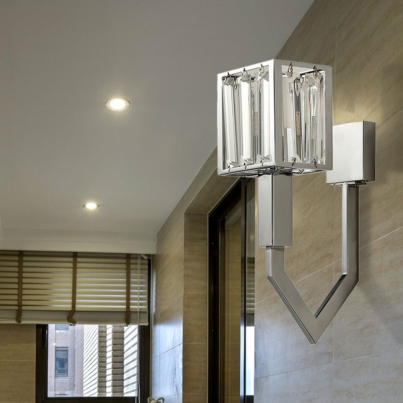 Rectangular Wall Sconce Modern Style Metal 1/2-Light Chrome Finish Wall Mount Light with Clear Crystal Accent