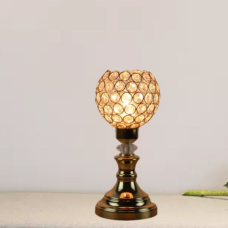 Single Octagon Crystal Bead Night Light Rustic Gold Domed Living Room Table Lighting