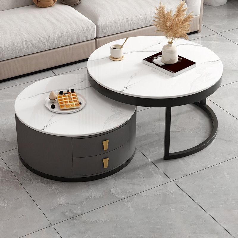 Modern Round Glass Cocktail Table Set Iron Frame Coffee Table with Drawers