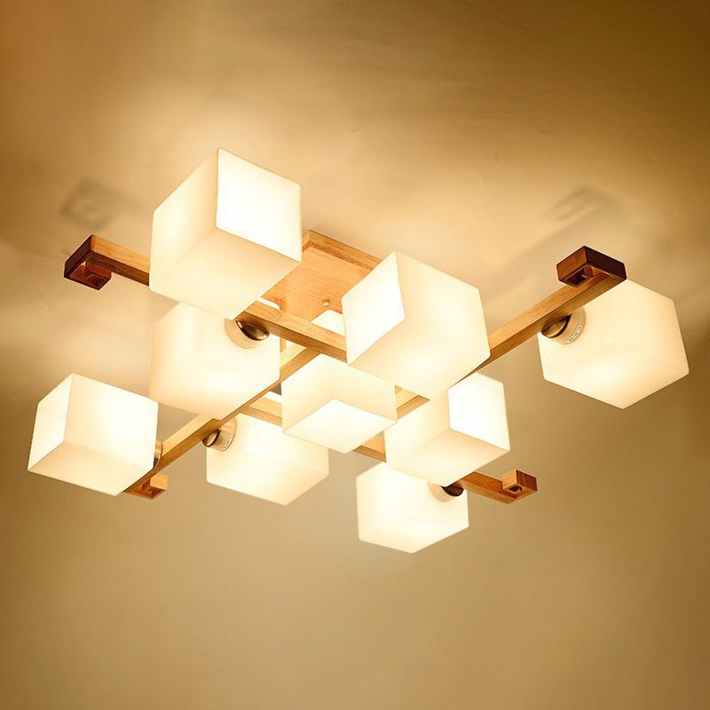 Modern Creative Indoor Semi Flush Mount Wooden Sputnik Ceiling Light with White Glass Shade