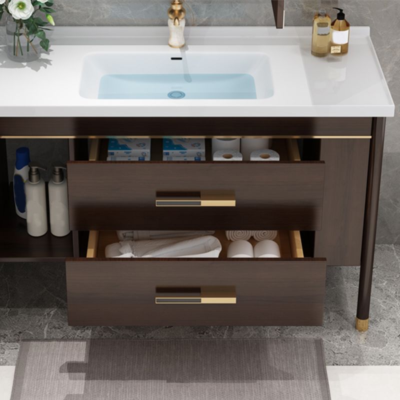 Wood Frame Bathroom Vanity Drawers Single Sink Rectangle Freestanding Vanity with Mirror