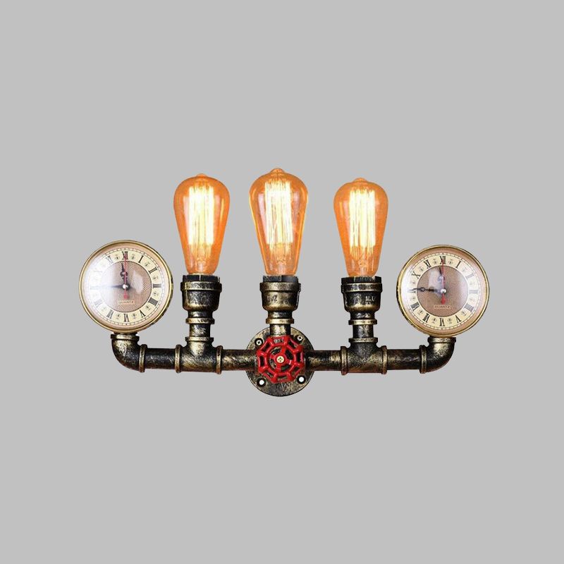 3-Head Iron Wall Lighting Industrial Brass Bare Bulb Hallway Wall Mount Pipe Lamp with Valve and Gauge Deco