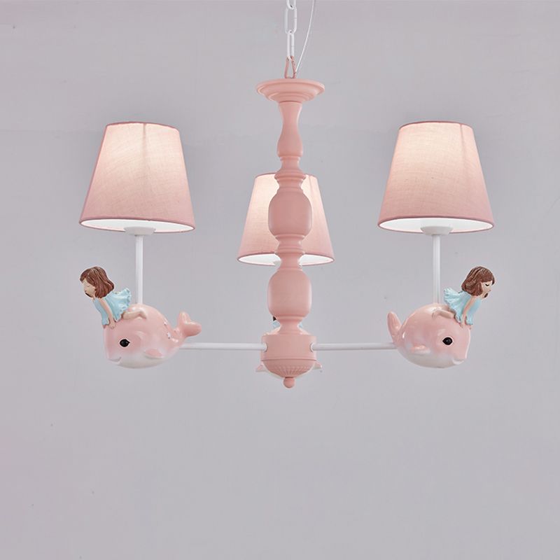 Empire Shade Girls Bedroom Chandelier Fabric Kids Style Hanging Light with Whale Decor