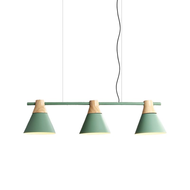 Cone Dining Room Suspension Light Iron 3 Bulbs Modern Multi Lamp Pendant in Yellow/Blue/Green with Linear Design