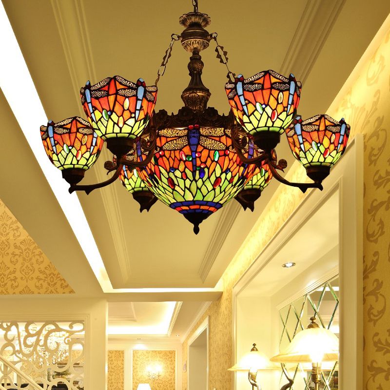 Chandeliers for Living Room, Dragonfly Hanging Pendant Lamp with Stained Glass Shade and Jewel Decoration Tiffany Style