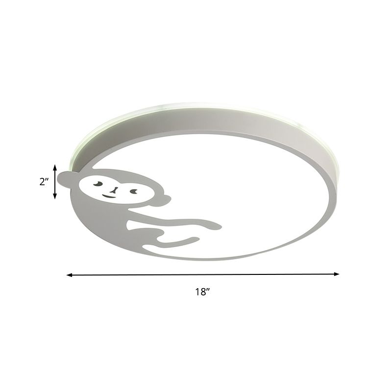 Plafonnier rond pour chambre d'enfant avec singe en métal et acrylique, plafonnier pour enfants en blanc