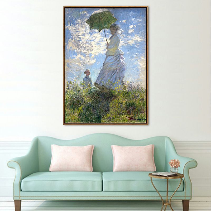 Monet Painting Canvas Print for Home Woman with A Parasol Wall Art in Blue, Texture