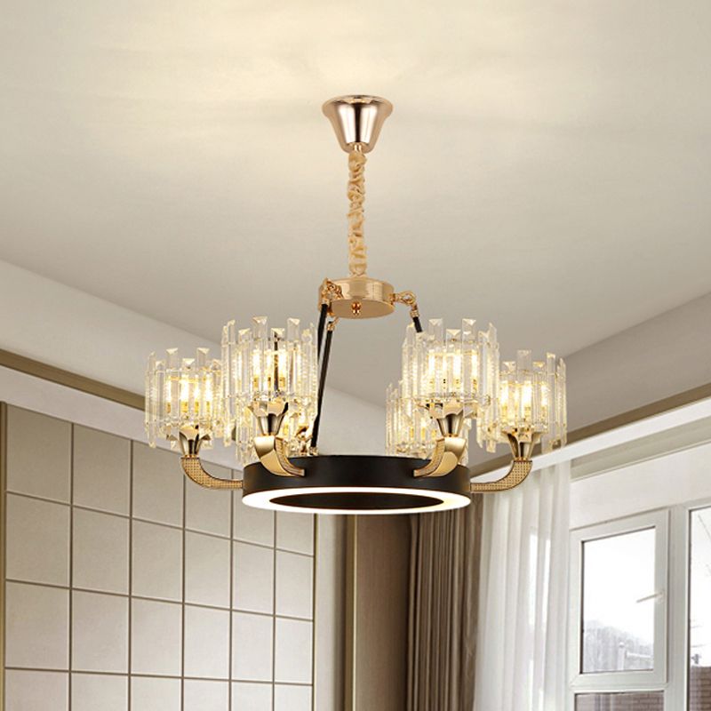 Zwart en gouden 6 lampen hangsel kroonluchter traditionele kristalcilinderschaduw plafondlicht