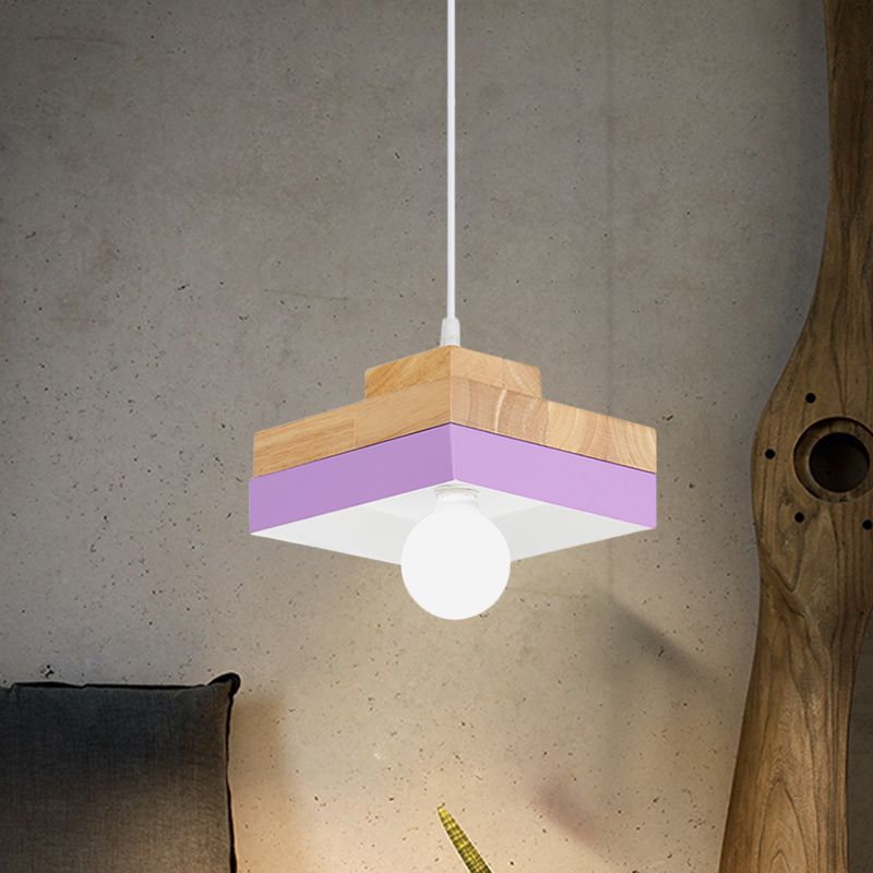 Macaron Circle/Square Down Lighting Metal 1-Light Living Room Hanging Ceiling Lamp in Orange/Purple/Yellow and Wood