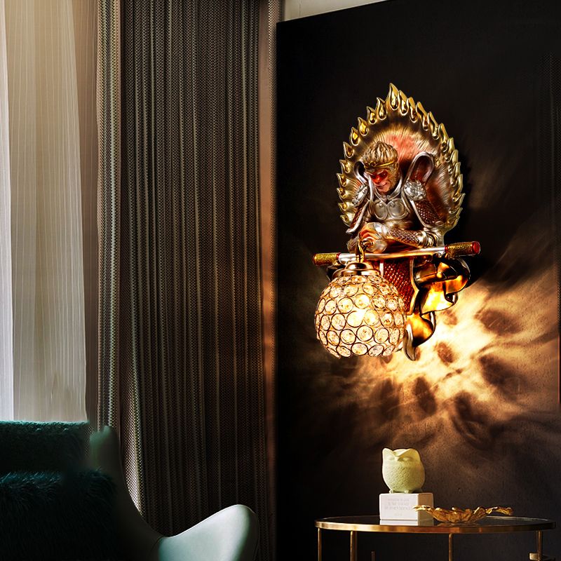 Resin Monkey King Wall Sconce Decorative 1-Light Wall Lamp with Crystal Shade