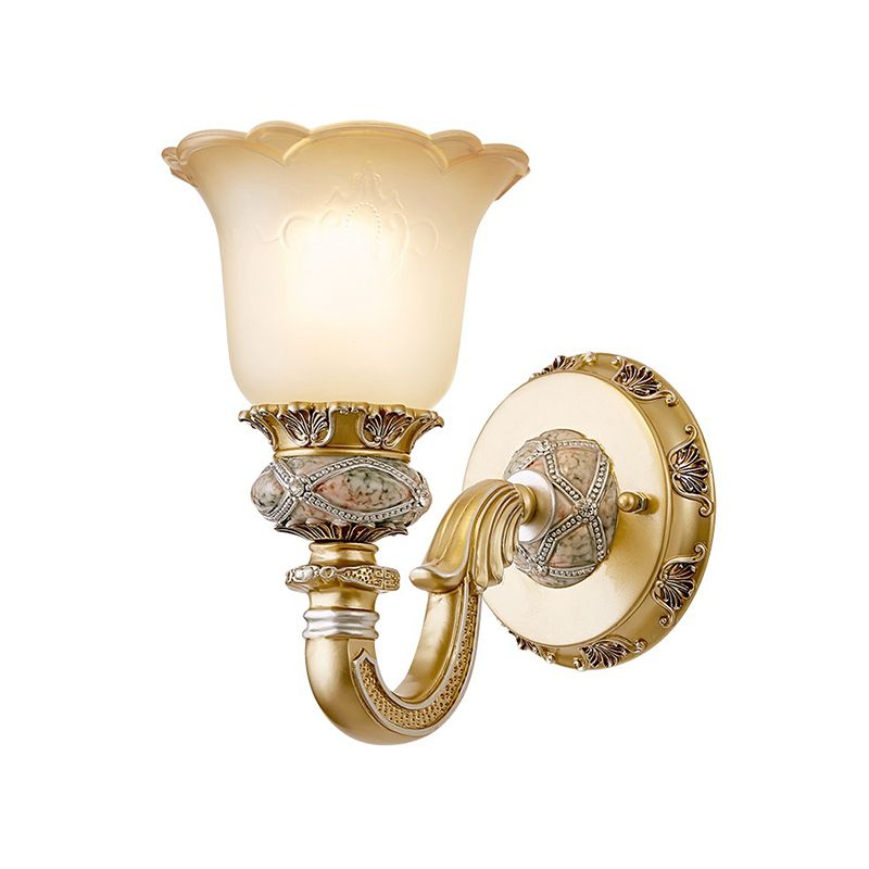 Vintage Flower Wall Light 1 Light Frosted Glass Wall Sconce Lighting with Metal Carved Arm in Gold for Foyer