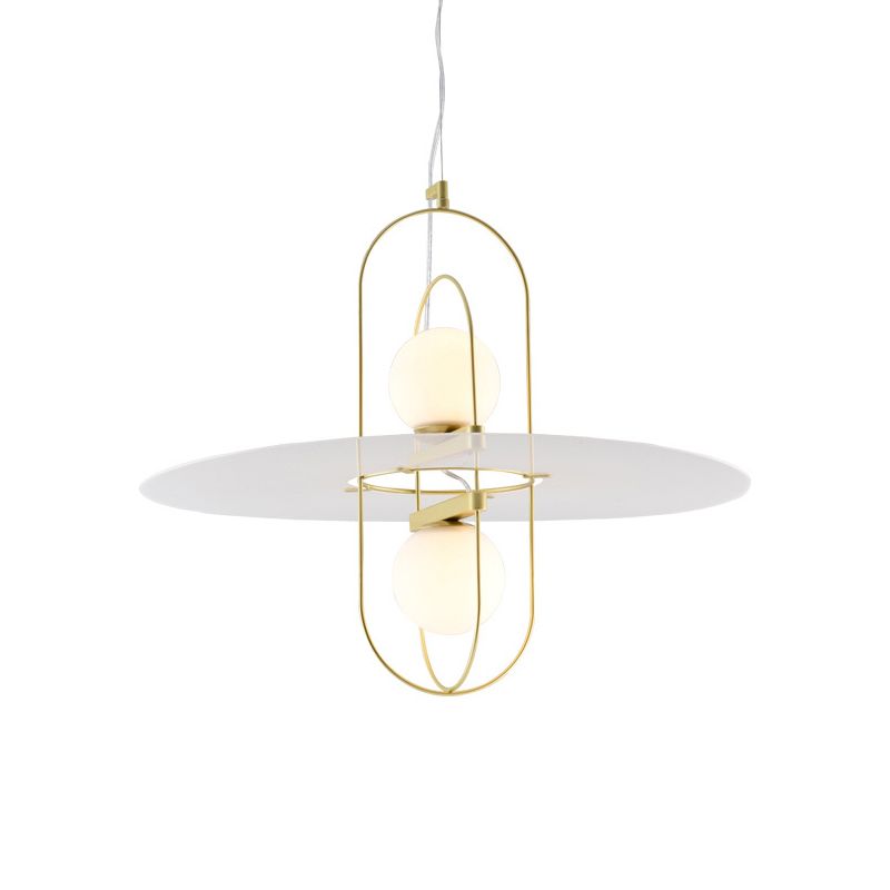 Lámpara de diseño de lámpara de lámpara de orbe de vidrio blanco 2 luces 2 luces colgantes de cocina con diseño de marco ovalado