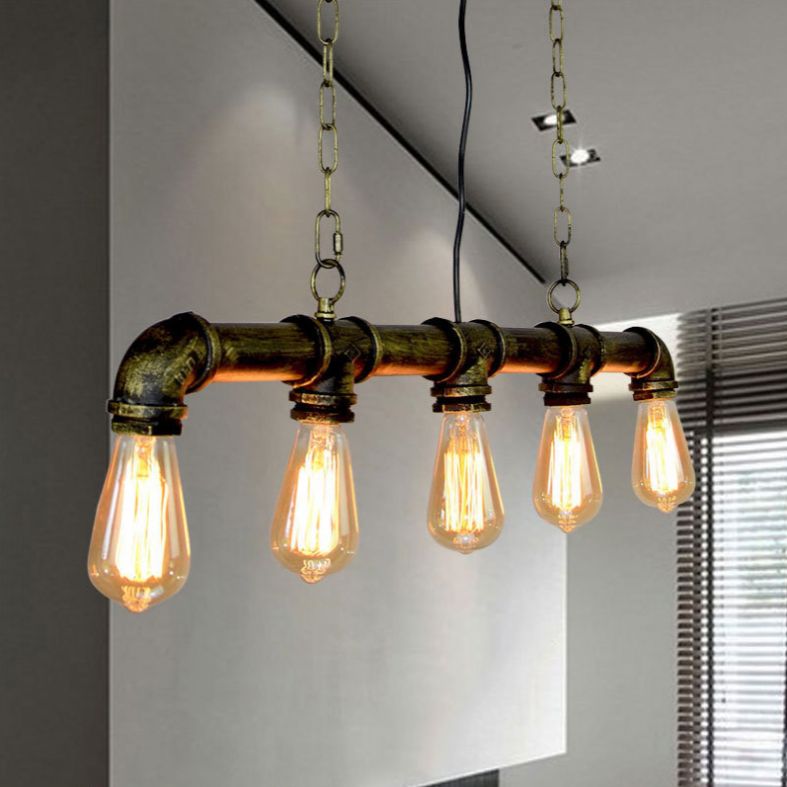 5 Lights Metal Water Tubular Island Pendant Lighting Retro Industrial Exposed Bulb Island Lamp