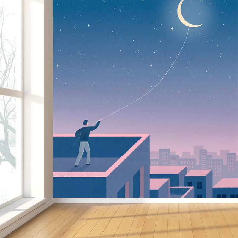 Moon and Cityscape Mural Wallpaper Blue Contemporary Wall Covering for Living Room