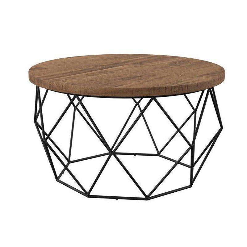 Round Solid Wood Coffee Table with Metal Frame Base Coffee in Brone