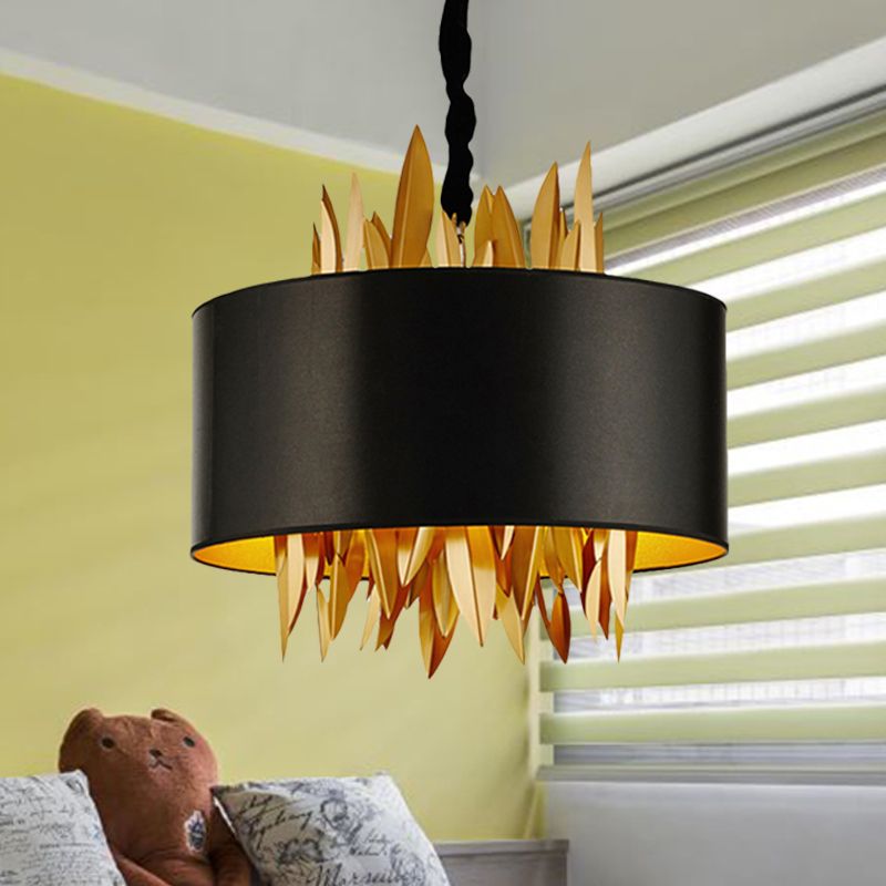 4 Lights Fabric Chandelier Lamp Country Black Round Dining Room Hanging Ceiling Light with Metal Leaves