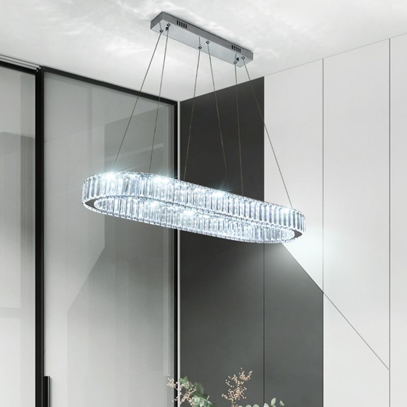 Restaurant LED Hanging Pendant Simple Stainless Steel Island Light with Oval Crystal Shade