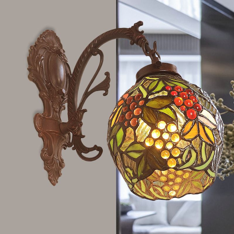 Copper Dome Surface Wall Sconce Victorian 1 Light Stained Art Glass Grape Patterned Wall Light Fixture for Dining Room