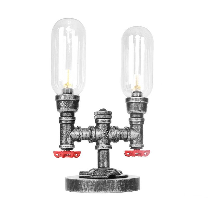 Lámpara de escritorio industrial de 2 luces con pantalla de cápsula de luz de mesa plateada antigua de vidrio transparente/ámbar para sala de estar