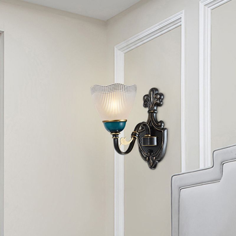 Country Twisted Arm Wall Light Fixture 1/2-Head Metal Sconce Lamp in Black and Blue with Dome Frosted Ribbed Glass Shade