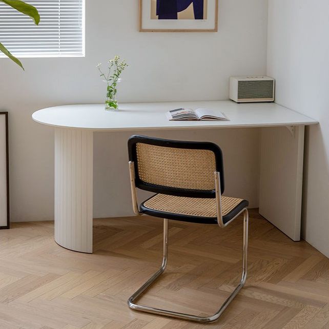 Free Form Sintered Stone Dining Table Modern White Furniture with Wood Double Pedestal