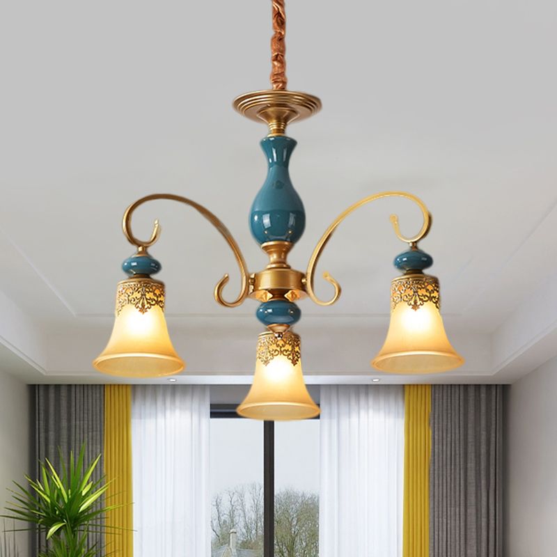 3/5/6-Bulb Suspension Pendant Light Countryside Swooping Arm Metal Chandelier in Brass with Bell Milk Glass Shade