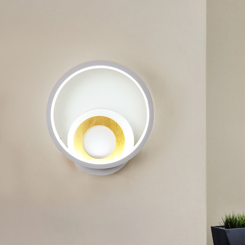 Modernist Ring Wall Sconce Acrylic LED Bedside Wall Mount Fixture in White with Wood Detail, White/Warm Light
