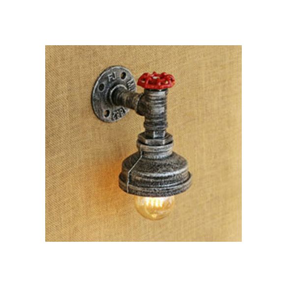 Water Pipe Metal Wall Lighting Rustic Style 1 Light Restaurant Wall Mounted Lamp with Red Valve in Bronze/Antique Brass