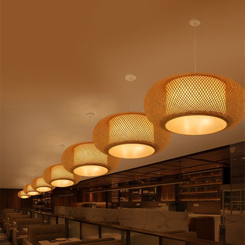 Chinese Drum Pendant Lighting Fixtures Rattan Hanging Light with Hanging Cord for Restaurant