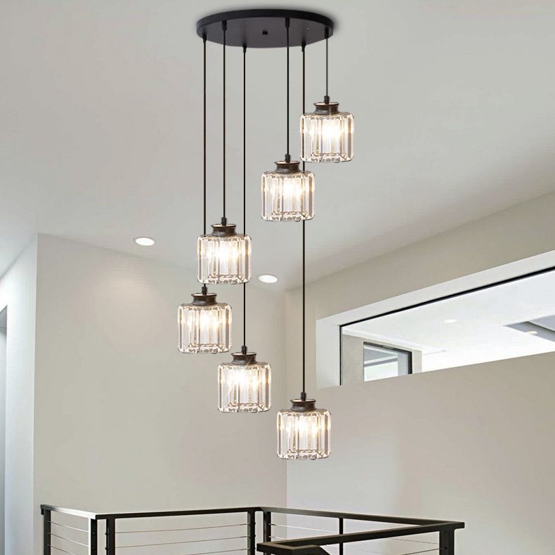 Gold Stairway Cluster Pendant Light in Modern Luxury Style Wrought Iron Hanging Light with Crystal Shade