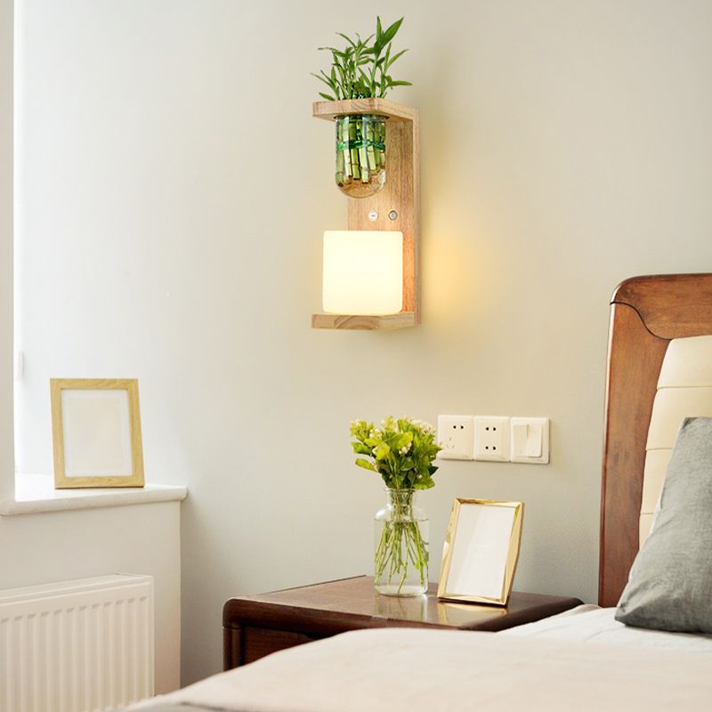 1-Light Wall Lamp Modern Wooden Shade Wall Lighting Fixtures without Plants
