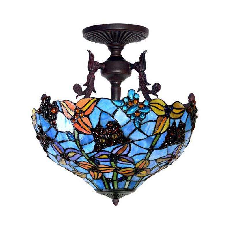 3 Lights Domed Semi Mount Lighting Victorian Blue/Light Blue Stained Glass Ceiling Light Fixture for Kitchen