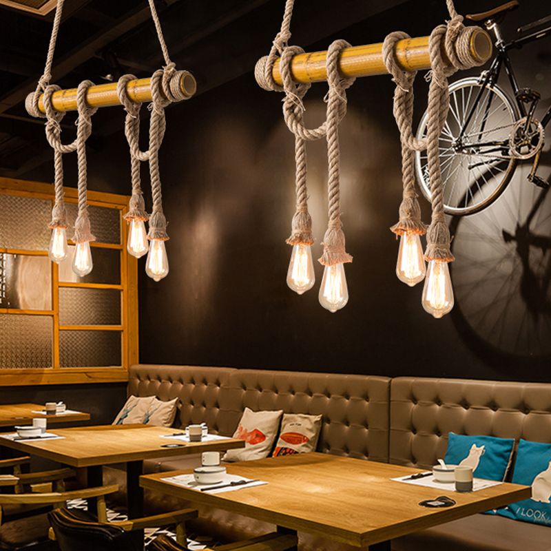 Brown Bamboo Island Pendant Light in Industrial Retro Style Hemp Rope Ceiling Light for Restaurant