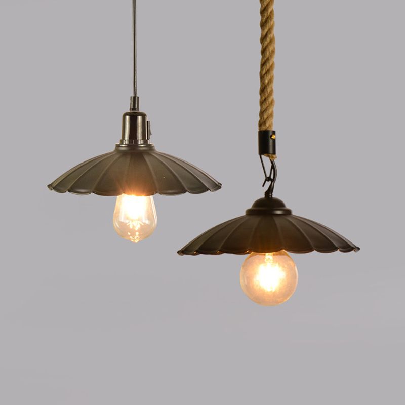 Black Scalloped Hanging Pendant Light Vintage Metal 1-Light Dining Room Suspension Lighting
