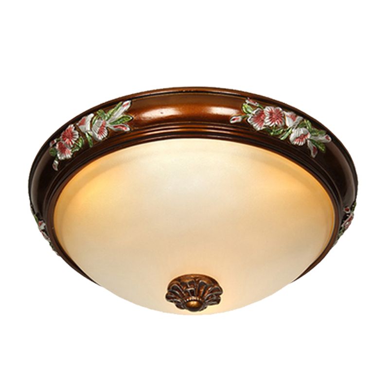 Dome Shape Frosted Glass Ceiling Flush Vintage 12"/16"/19.5" W 3 Bulbs Bedroom Flush Light Fixture with Blossom Design in Brown