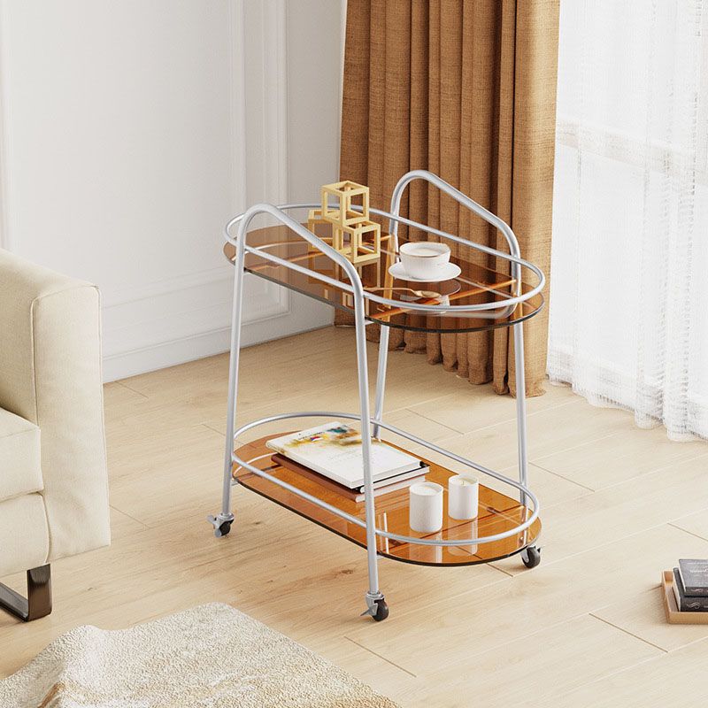 Modern Oval Glass Side Table End Table Metal Base Side Table with Shelf and Wheel