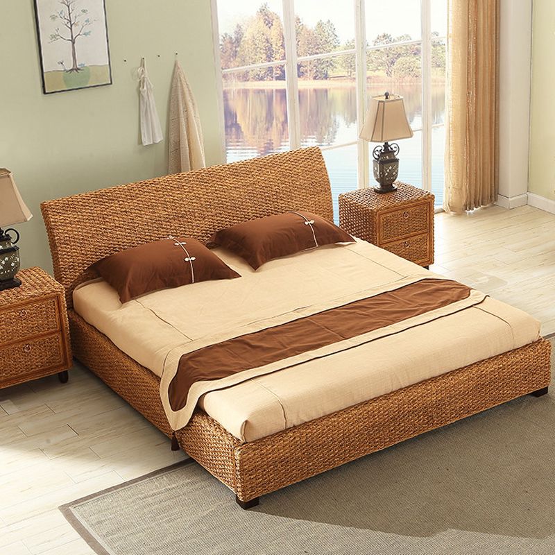 Tropical Rattan Standard Bed with Headboard Bed and Beech Legs
