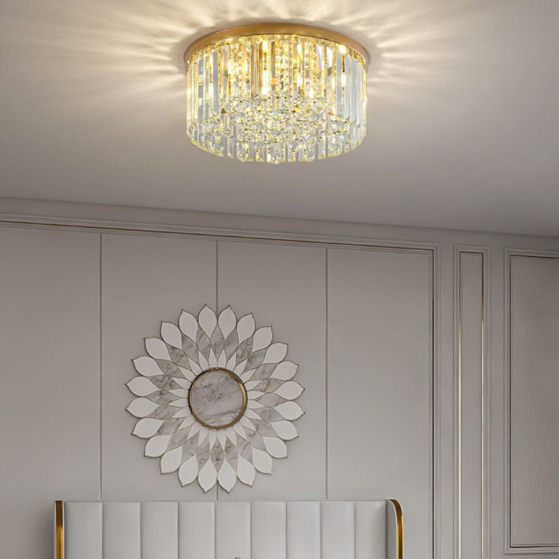 Contemporary Cylinder Flush Light Fixture Crystal 9 Light Flush Ceiling Light