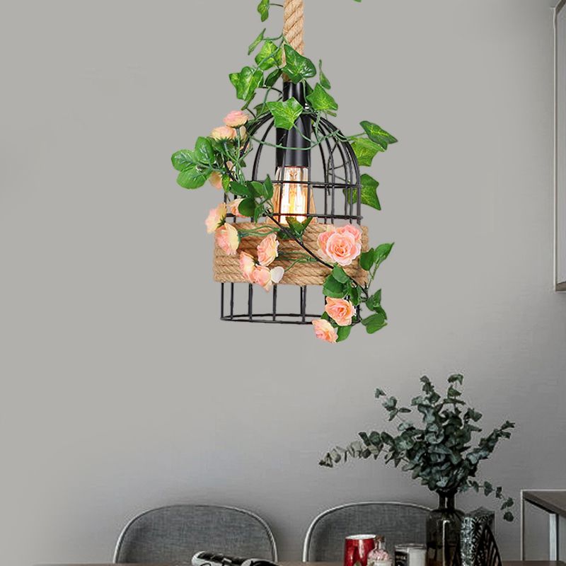 Birdcage sala da pranzo Apparecchiatura del soffitto in metallo anticato 1 illuminazione a sospensione rosa nera leggera con asta di corda