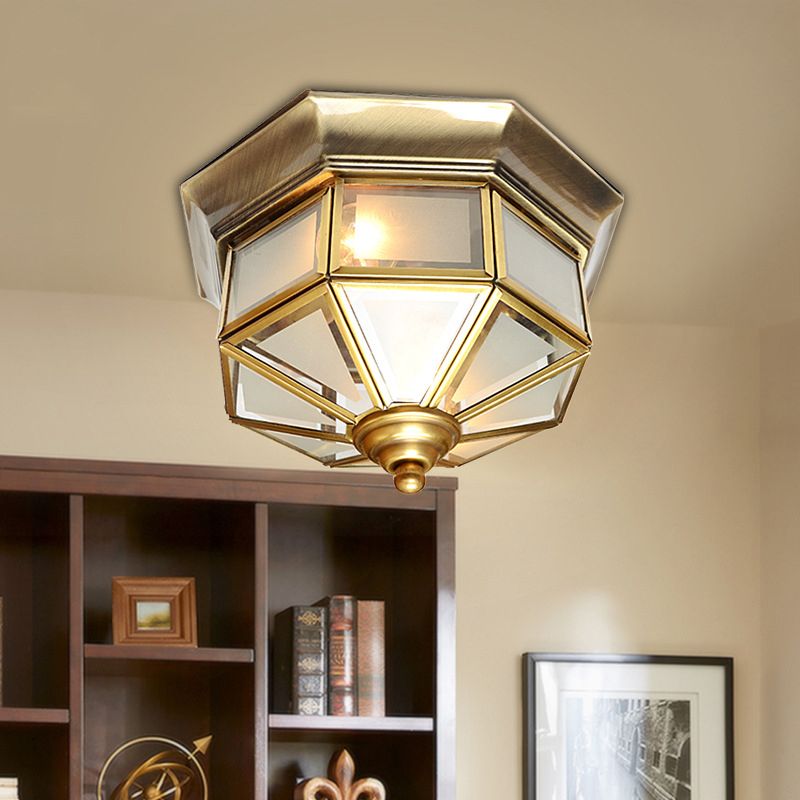 13"/15" W 2 Lights Frosted Glass Flush Mount Lamp Vintage Brass Octagon Living Room Flush Ceiling Light