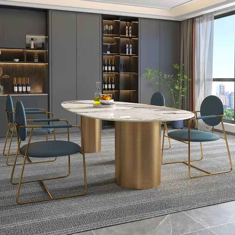 Luxury Sintered Stone Top Dining Table Oval Kitchen Table with 3 Legs in Gold